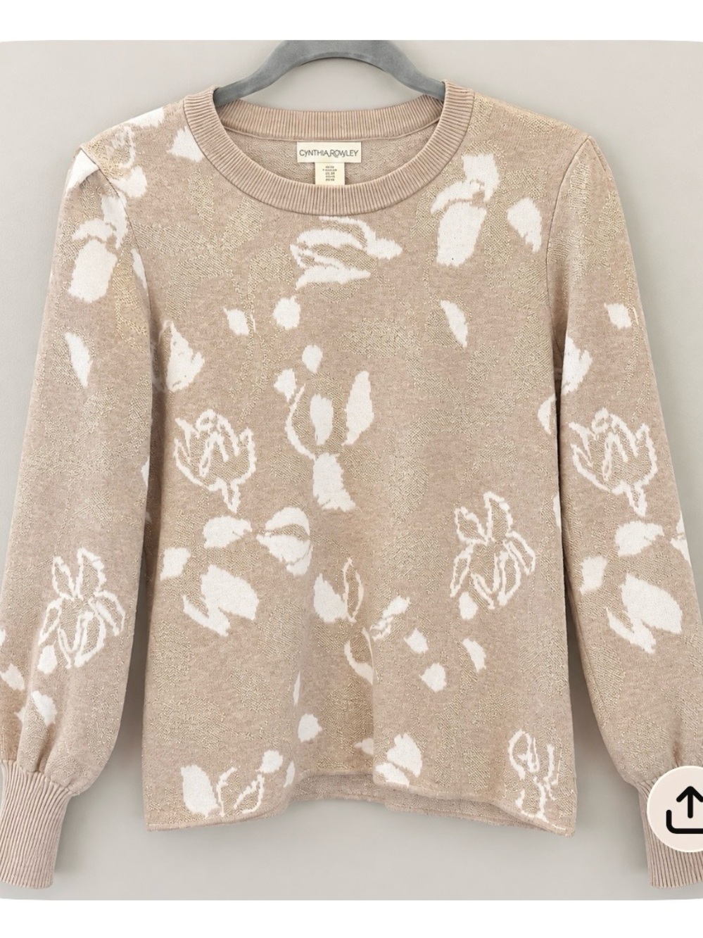 Cynthia Rowley Tan Floral Crewneck Sweater. Size M